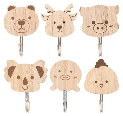 6er Set niedliche Tierhaken aus Holz, selbstklebend