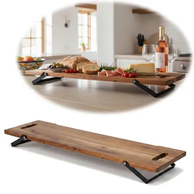 Produktbild von LS-LebenStil XXL Akazie Serviertablett 67cm klappbar Griff Tapas Holz-Tablett Deko-Tablett Frühstückstablett Betttablett Servierbrett Lebensmittelecht