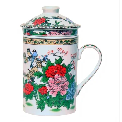 Produktbild von Keramik Teetasse mit Deckel + Sieb für Losen Tee mit (Vogel in Rosen, 041), Asiatisches Motiv, Porzellan, Tee-Becher