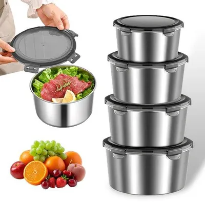 Image de Unyqoos® : Lot de 4 boîtes de conservation en acier inoxydable avec couvercles en silicone hermétiques, empilables, adaptées au four, à l'induction et au réfrigérateur