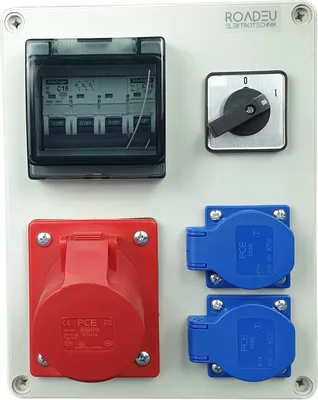 Produktbild von RoadEu Stromverteiler 16A 5P, 2x Schuko Steckdosen mit Hauptschalter 0-1. CEE Verteiler mit Sicherungsautomat C 16A 3P, C 16A 1P, Baustromverteiler
