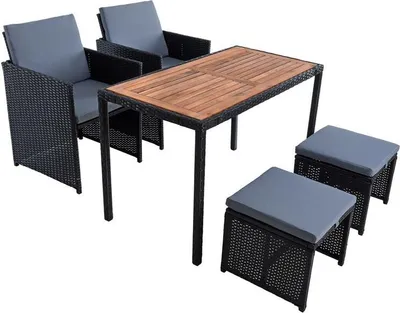 Produktbild von ESTEXO Polyrattan Sitzgruppe, 4 Personen, Schwarz, Gartenmöbel Set, Sessel, Hocker, Tisch, Sitzauflagen, platzsparend verstaubar, Hocker als Fußhocker, Zusatzsitz, Beistelltisch nutzbar