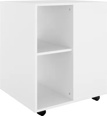 A white cabinet with two open shelves and wheels.
