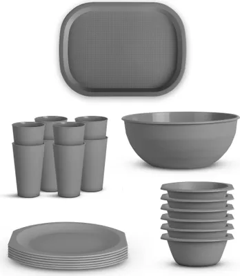 Obrázek produktu pro Sada nádobí ( šedá ) PP plast odolný proti rozbití - neobsahuje BPA - 22 ks ( miska, talíř, šálek, tác ) lze mýt v myčce nádobí - párty sada Dětský kempink Piknik