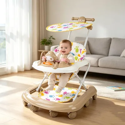 Produktbild von 4in1 Lauflernhilfe Babywalker Kinderwagen Babywippe mit Spielset und Musik,Faltbarer Lauflernwagen mit Schiebegriff für ab 6 Monaten Braun