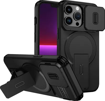 Image de Étui magnétique pour iPhone 13 Pro, étui durable double couche avec protection coulissante de l'appareil photo et support ajustable Noir