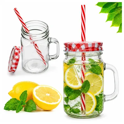 Zdjęcie produktu dla Kubek z Wieczkiem i Słomką 500ml Szklany Słoik na Wodę Lemoniadę Butelka