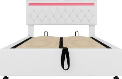 Produktbild von Abrihome Jugendbett 140x200cm mit USB, Polsterbett mit Lattenrost und Stauraum, Hydraulisches Stauraumbett mit LED, Leinen, Weiß