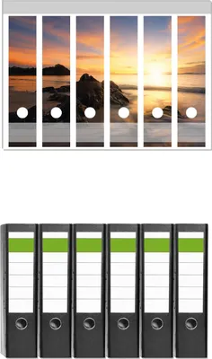 Produktbild von Wallario 6 Stück breite Ordner inkl. Klebeetiketten mit Motive Sonne über dem Meer mit Felsenlandschaft -  Set mit Rückenschildern / Ordnerrücken Stickern