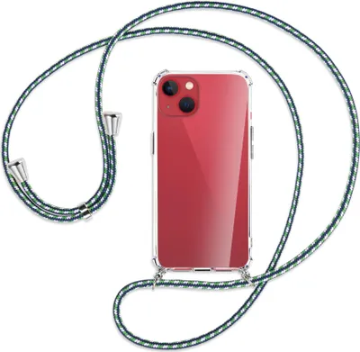 Produktbild von Handykette Backcover-Schutzhülle mit Band (Metall silberfarben) für Apple iPhone 13 mini - grün/blau/weiß