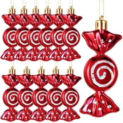 Immagine prodotto di Decorazioni natalizie a forma di bastoncini di zucchero, glitterate, rosse, in plastica, confezione da 12 pezzi