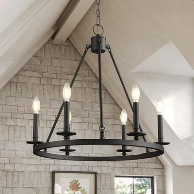 Image de Suspension vintage noire à 6 lumières, idéale pour le salon, avec douilles E14. Lustre industriel et moderne, parfait pour une chambre, une cuisine, un couloir, un hall d'entrée ou un salon