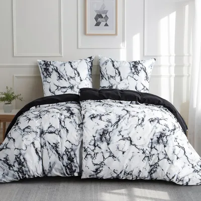 Produktbild von Bettwäsche-Set 135x200 cm 4-teilig Marmor Schwarz Mikrofaser Bügelfrei mit 2 Kissenbezügen 80x80 cm