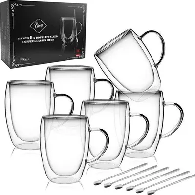 Productafbeelding van Famanu Dubbelwandige glazen bekers - Set van 6 - 350 ml - Hittebestendige koffiekopjes met handvat