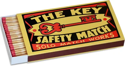 A box of matches with the lid partially open, revealing the matches inside.