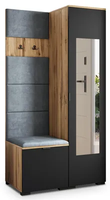 Produktbild von Masseno Garderobe-Set VIRA 95/181/51 cm Modern Garderobenschrank Eiche Wotan, Veloursstoff MONOLITH 85 (Grau)