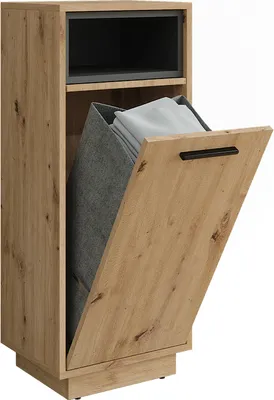 A laundry cabinet with its door open, revealing a grey fabric laundry bag inside.