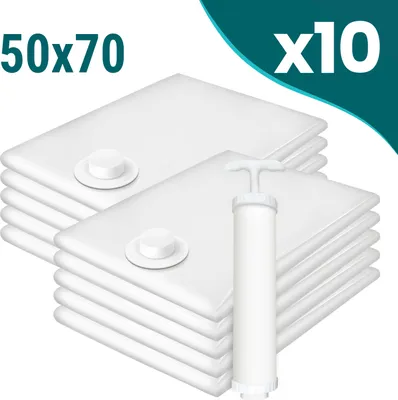 Obrázok produktu pre Silné vákuové vrece na oblečenie 50x70 cm kocka | Hermetický ventil - priehľadný 10 kusov | Ručná vákuová pumpa Sillar - 1 kus