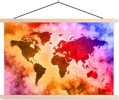 Produktbild von MuchoWow® Textilposter Weltkarte - Farbe - Abstrakt 60x40 cm mit holzfarbenen Rahmen - Bilder