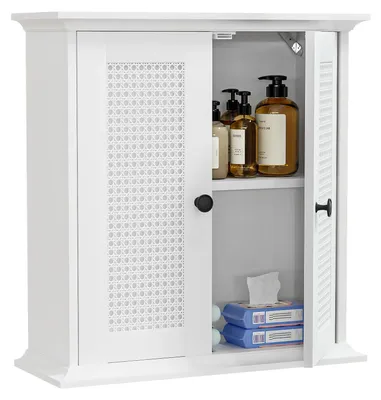 Weißer Badschrank, Wandmontage, 2 Drehtüren, verstellbarer Boden, 57x60x22 cm