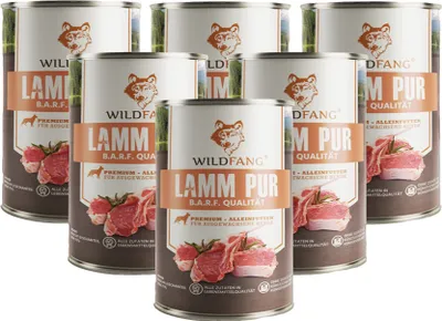 Produktbild von Premium Hunde-Nassfutter, Monoprotein, getreidefrei, BARF Qualität (Lamm pur, 6 x 400g), Alleinfuttermittel für ausgewachsene Hunde