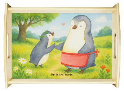 Produktbild von Mr. & Mrs. Panda Tablett Pinguin mit Kind Design - Weiß - Geschenk, Muttertag, Dekotablett, Serviertablett, Servier, holz, Mama, Deko, Familie, Vorbild, Pinguine