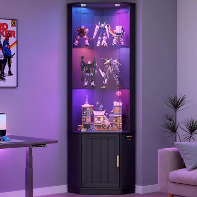 Obrázek produktu pro Skleněná vitrína o výšce 175 cm s 24 RGB LED osvětlením a senzory, s 3 skleněnými policemi, černá barva