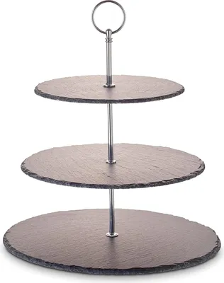 Produktbild von Naturstein-Etagère mit 3 Ebenen und Metallgriff - Silber-Edition, Ø Natursteinplatten ca. 20/25/30 cm, für n, Obst, Käse und Dessert