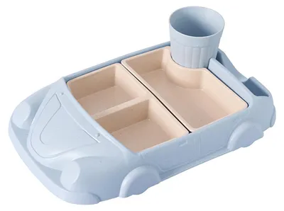 Produktbild von Baby-Teller in Autoform – geteilter Essensteller mit Trinkbecherhalter – BPA-frei, aus lebensmittelechtem Bambusfaser, blau (30,6×19×5 cm)