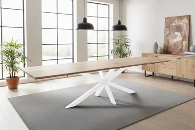 Produktbild von Esstisch mit Ansteckplatten 200(300)x100 cm Baumkante Akazie natur Spider-Gestell weiß AVINO