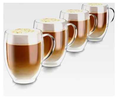 Produktbild von Doppelwandige Trinkgläser 350 ml mit Henkel - Latte Macchiato, Cappuccino, Tee - 4er Set - Thermotassen - spülmaschinenfest - Teetasse, Kaffeetasse - Thermogläser