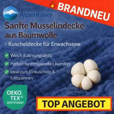 Produktbild von Alpenfaser™ Sanfte Musselindecke Kuscheldecke Erwachsene & Kinder aus Baumwolle: Blau