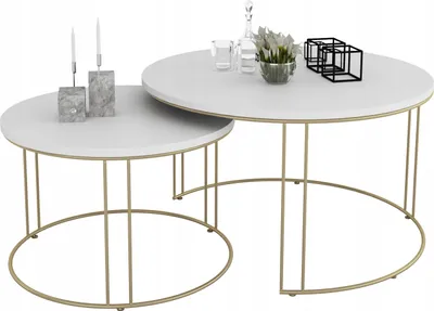 Zdjęcie produktu dla Zestaw Okrągłych Stolików Kawowych 2w1 Salon Loft Złoty+Biały Mat