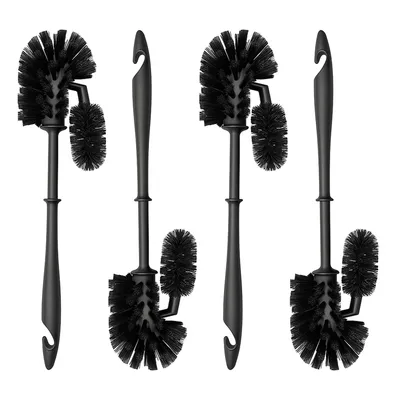 Four black toilet bowl brushes with handles and smaller cleaning brushes attached.