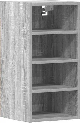 A tall, narrow gray wooden cabinet with four shelves, shown from the front.