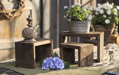 Produktbild von 3x Dekobank "Rustikal" aus recyceltem Holz im Used Look, Blumenhocker, Blumenständer, Pflanzenständer