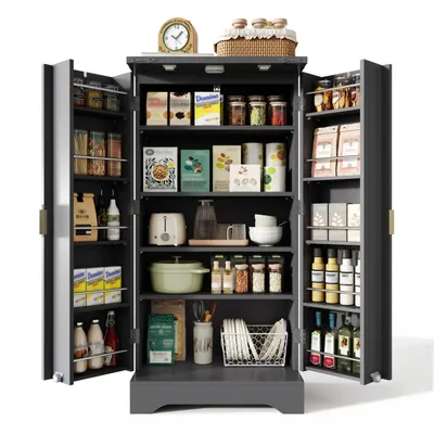 Produktbild von Küchenschrank mit LED-Sensorlicht und Gewürzregal, Großzügiger Doppeltür-Schrank mit Verstellbaren Regalböden und Modernem Türdesign–120x60,5x40 cm