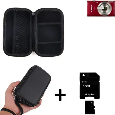 Produktbild von Kamera Tasche Hard Case Hardcase Schutz Hülle für Kompaktkamera kompatibel mit Canon IXUS 175 und Platz für Speicherkaten, Ersatzakku, Ladekabel