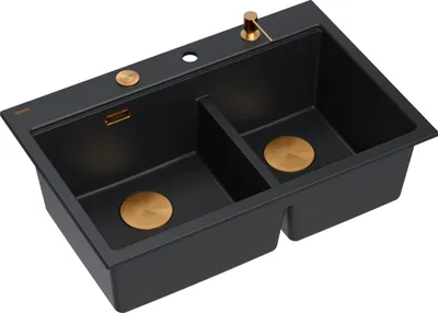 Produktbild von QUADRON Spülbecken 2-Becken Spüle | Größe: 76 x 50 x 23.5 cm | MARC 120 | Granitspüle aus GraniteQ mit Siphon + Spender + Platte | Carbon + Kupfer