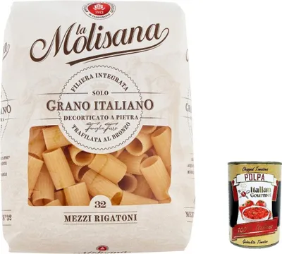 Produktbild von 10x La Molisana Mezzi Rigatoni N. 32 Pasta Lenta Lavorazione Teigwaren aus Hartweizengrieß Bronze-Zeichnung 500g + Italian Gourmet Polpa 400g
