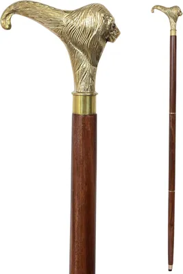 Productafbeelding van Vintage Houten Wandelstok met Messing Leeuwenkop