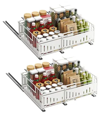 Image de Système de rangement coulissant pour cuisine - Organisateur de placard de cuisine - Étagère en acier réglable - Glissières silencieuses - Installation sans perçage - Lot de 2 - Blanc