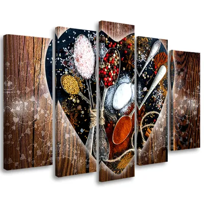 Produktbild von 5-teiliges leinwandbild gewürze herz 150x100 cm Feeby braun wandbild bereit zum aufhängen