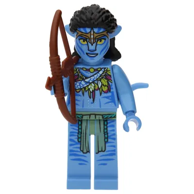 A LEGO minifigure of Neytiri from Avatar holding a bow.