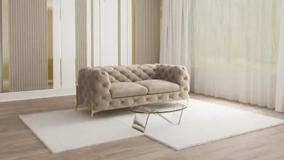 Produktbild von S-STYLE MÖBEL - Chesterfield Sofa 2-Sitzer Nova mit Goldene Metall Füßen aus Dunkle Creme Samtstoff, B/T/H: 185 cm/ 100 cm/ 75 cm
