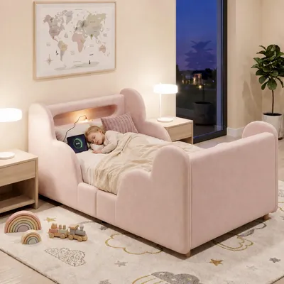 Immagine prodotto di Letto imbottito 90 x 200 cm, con porta USB, porta di tipo C, prese di corrente, rete a doghe, rivestimento in velluto, colore rosa