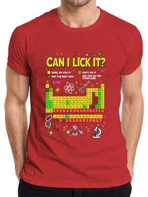 Immagine prodotto di Maglietta da uomo, colore rosso, taglia XL, con scritta "Can I Lick It Science Chemistry Periodic Statement" (che potrebbe essere interpretata come "Posso leccarla? Scienza, chimica, affermazione periodica")