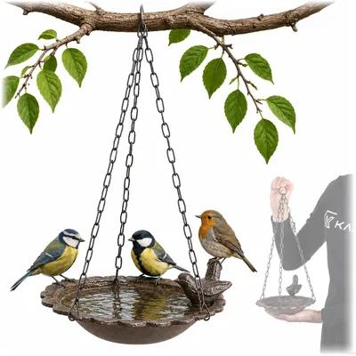 Produktbild von KADAX Hängende Vogeltränke aus Gusseisen, Wassertränke hängend für Vögel, Wasserschale zum Aufhängen, Vogelbad mit Kette, Vogelfutterspender für Garten & Balkon