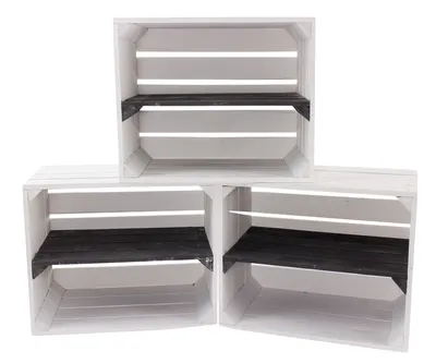 Produktbild von 12er Set neue weisse Holzkiste mit Regalboden in schwarz 50cm x 40cm x 30cm Regal Wandregal Obstkisten/Weinkisten Kiste Holzregal Apfelkiste weiß