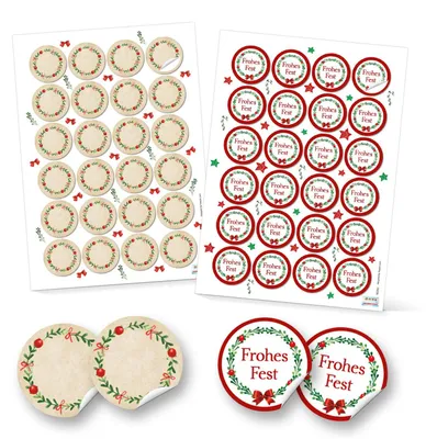 Produktbild von SET 2 x 24 runde Aufkleber Weihnachten rot grün natur weiß beige FROHES FEST + Blanko Etiketten weihnachtliche Verpackung